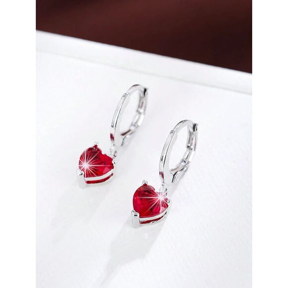 Ruby Red Heart Cubic Zirconia Silver Pendant Drop Earrings Dangle Leverback Love - Picture 3 of 5
